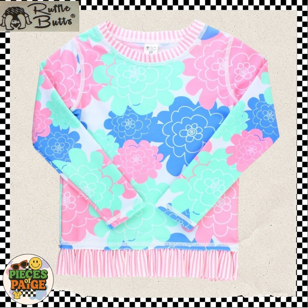 RuffleButts UPF 50+ Long Sleeve Rashgaurd Swim Top 3T Floral with Ruffle Hem